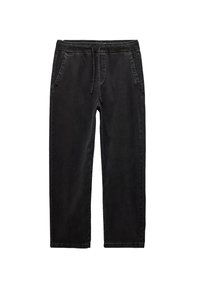 Schwarze Baumwoll-Jogginghosen mit elastischem Bund und Kordelzug, ausgestattet mit zwei Seitentaschen und einem entspannten, geraden Schnitt.