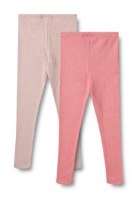 Twee paar geribde leggings, één in lichtroze en één in koraal, met een gladde textuur en een elastische tailleband.