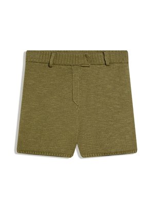 Shorts tricotés vert olive avec une taille élastique côtelée et des passants pour ceinture, présentés à plat sur un fond blanc.
