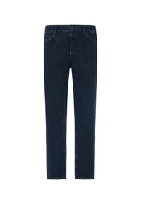 Jeans de mezclilla azul oscuro con un diseño de pierna recta, cinco bolsillos y un cierre de botón clásico. Textura suave con un desvanecimiento mínimo.