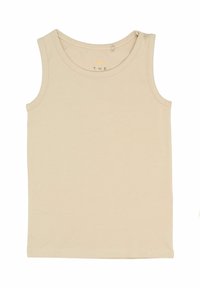 Beige ujjatlan felső, kerek nyakkivágással. Puha pamutból készült, finom textúrával és egy patenttal az egyik vállon.
