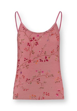 Roze camisol met dunne bandjes en een fijn meerkleurig bloemmotief van wijnranken op een gestructureerde stofachtergrond.