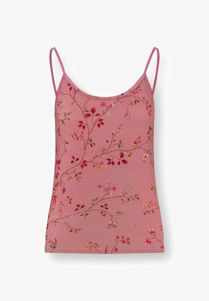 Roze camisol met dunne bandjes en een fijn meerkleurig bloemmotief van wijnranken op een gestructureerde stofachtergrond.