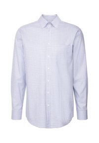 Camicia a maniche lunghe a quadri blu chiaro realizzata in cotone. Presenta un colletto a bottoni, una tasca anteriore e bottoni bianchi.