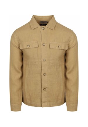 Linnen shirt in lichtbruin met een knoopsluiting aan de voorkant, twee borstzakken en een puntige kraag. Voorzien van faux houten knopen en lange mouwen.