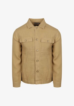 Linnen shirt in lichtbruin met een knoopsluiting aan de voorkant, twee borstzakken en een puntige kraag. Voorzien van faux houten knopen en lange mouwen.