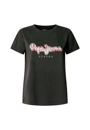 Černé bavlněné tričko s logem "Pepe Jeans" v růžové a bílé barvě s mírně opotřebovaným efektem. Krátké rukávy a kulatý výstřih.