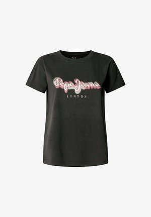 T-shirt in cotone nero con logo "Pepe Jeans" in rosa e bianco con un effetto leggermente usurato. Maniche corte e scollatura rotonda.