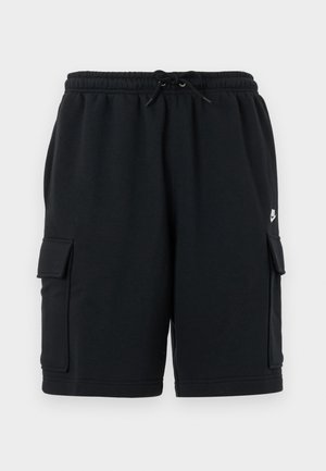Black cotton cargo shorts with an elastic waistband and drawstring, featuring two side pockets and a small logo accent.