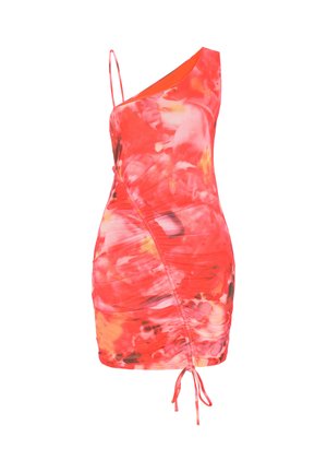 Rød og pink tie-dye minikjole med ét skulderstrop, tynd strop, rynkede detaljer og justerbar snor ved kanten.