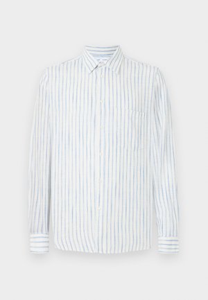 Witte shirt met blauwe verticale strepen, met knoopsluiting, lange mouwen, enkele borstzak en een lichte, gestructureerde stof.