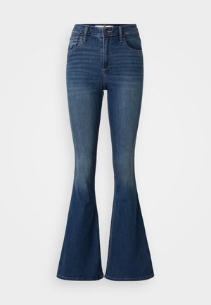 Jeans negre închis, evazați, din denim, având talie înaltă, cinci buzunare și o ușoară decolorare pe coapse. Detalii clasice de cusătură.