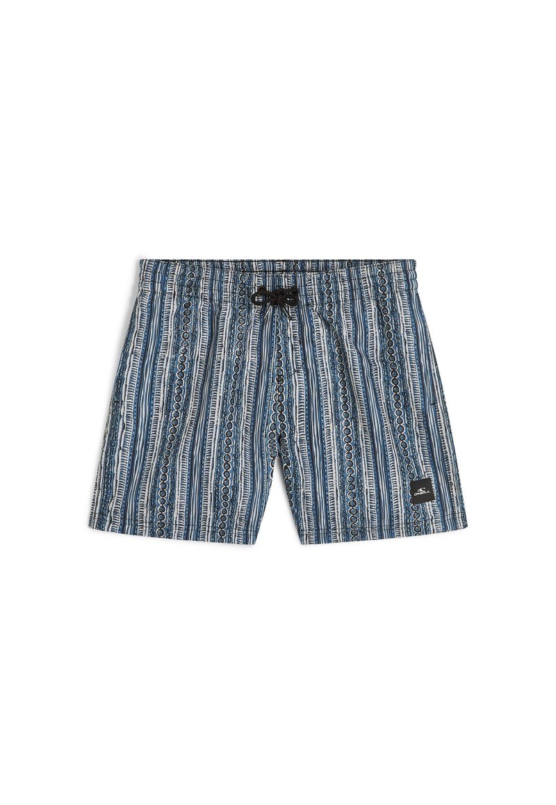 Costume da bagno blu e bianco con motivo a righe verticali, vita elastica, cordino nero e patch con logo sul lato.