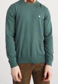 Pull vert tricoté avec un col rond et des poignets côtelés, arborant un petit logo blanc sur le côté gauche de la poitrine. Pantalon texturé couleur tan.