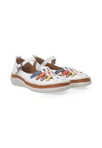 Weiße Lederschuhe mit bunten Schnürsenkeln in Rot, Gelb, Blau und Braun; gepolsterte Innensohle, genähte Akzentuierung an der Zehenpartie und Gummisohle.