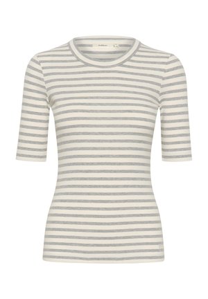 Lengvas juostuotas marškinėlis, susidedantis iš horizontalios pilkos ir baltos juostos, trumpomis rankovėmis ir apvaliu iškirpimu.