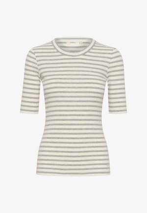 Lengvas juostuotas marškinėlis, susidedantis iš horizontalios pilkos ir baltos juostos, trumpomis rankovėmis ir apvaliu iškirpimu.