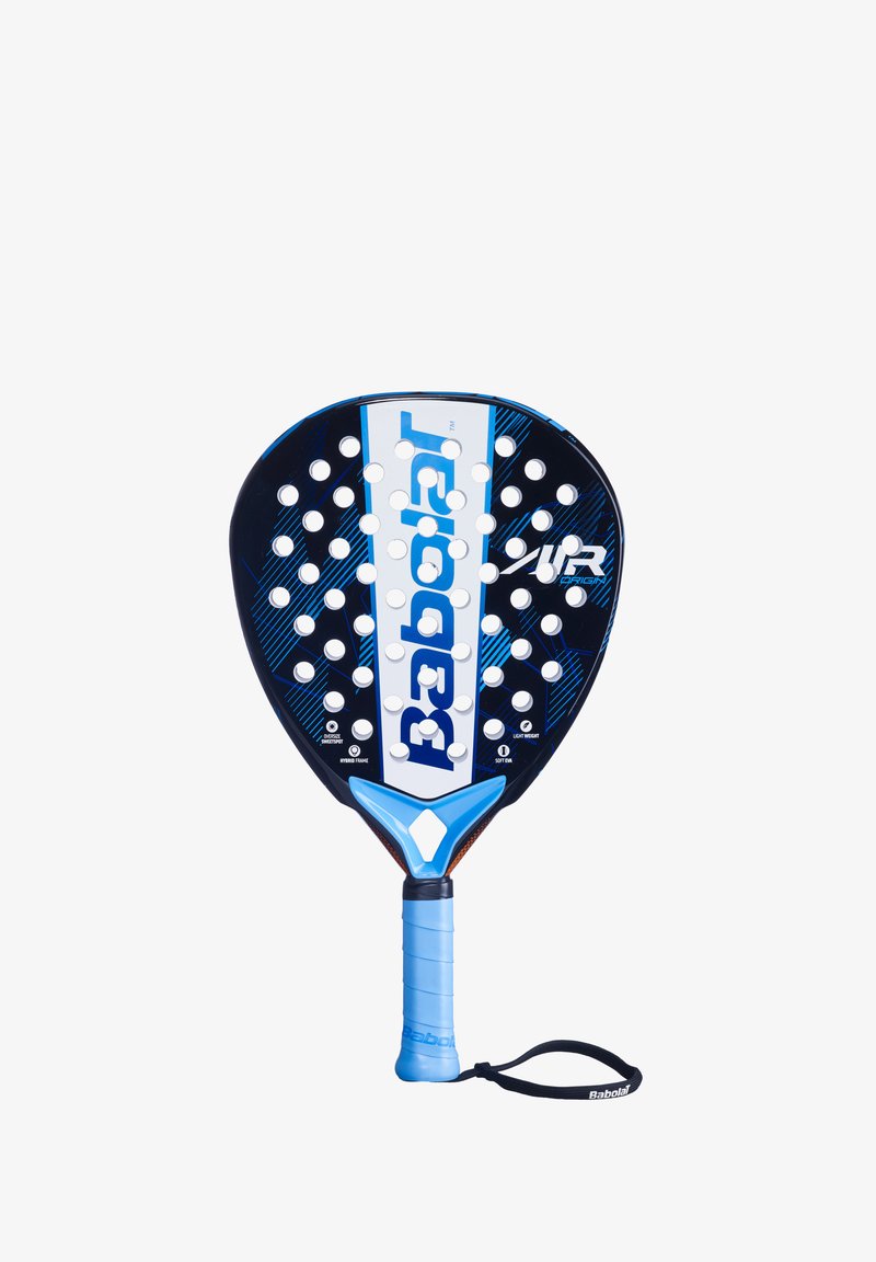 Peddelracket met een geperforeerde zwart-blauwe polycarbonaat voorkant, een blauwe rubberen greep en een polsband. Kenmerkt zich door een gestroomlijnde vorm voor optimale prestaties.