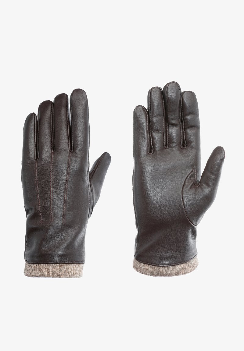 Rudos odinės pirštinės su lygia tekstūra, su trimis siūlėmis ant nugaros ir šviesiai rudais megztais rankogalviais.