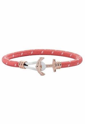 Korallenfarbener geflochtener Armband mit einem Ankerverschluss aus Silber und Roségold, weißen Akzenten und einer glatten Oberfläche.