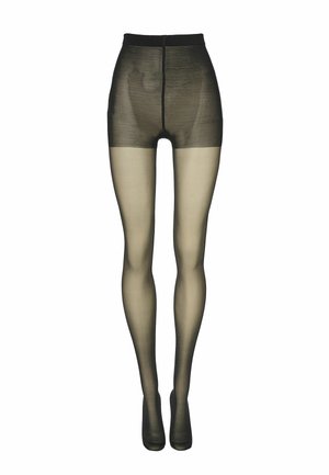 Collant noir transparent avec ceinture opaque renforcée et partie haute de la cuisse, présenté sur fond blanc.
