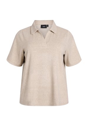 Beige short-sleeve polo shirt made from soft fabric, featuring a v-neck and relaxed fit. Label reads "Zizzi," indicating size medium.