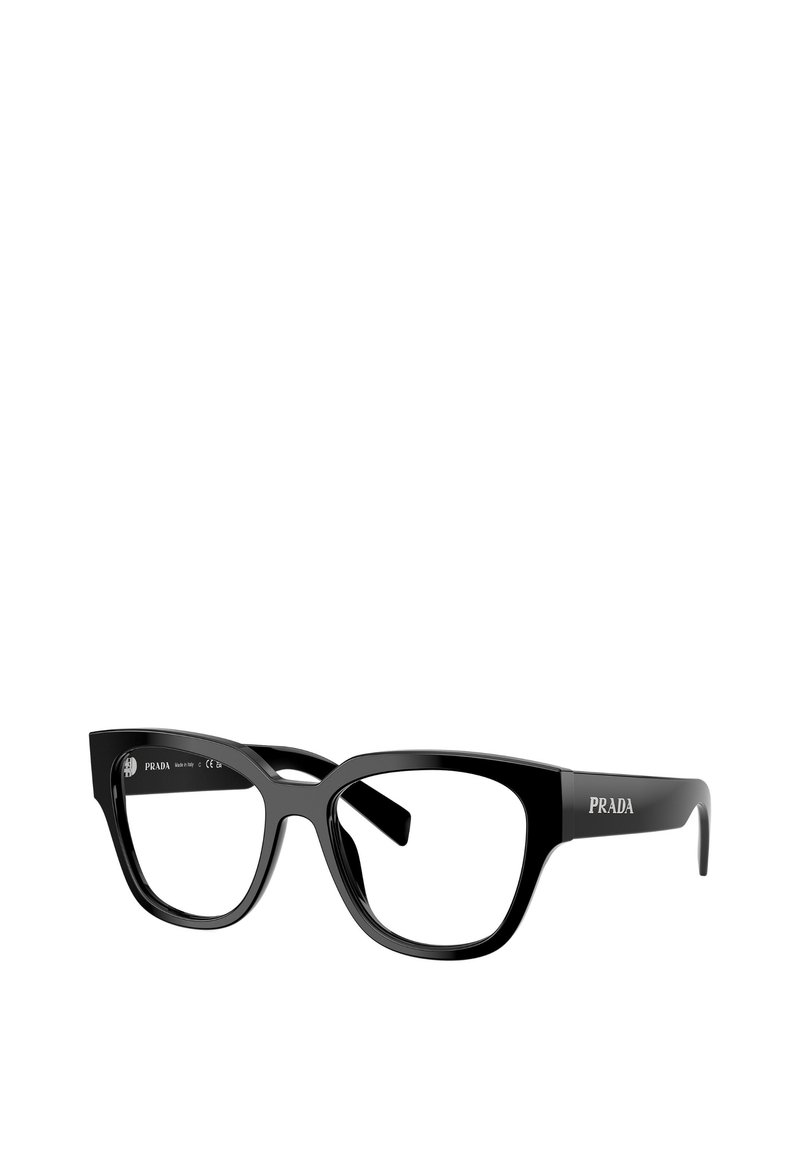 Occhiali da vista in plastica nera con una forma geometrica, finitura lucida e marca Prada ben visibile sulle astine.