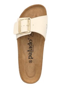 Sandalo bianco con una fascia larga e una fibbia color oro. Sottopiede in morbido suede marrone e forma sagomata per il massimo comfort.