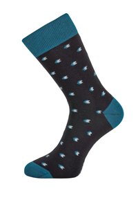 Chaussette noire avec un revers, un talon et un orteil teal, ornée d'un motif de cœurs blancs et teal dispersés.