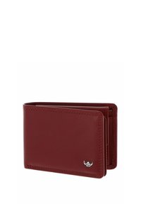 Portefeuille bifold en cuir bordeaux avec coutures minimales et petit logo argenté dans le coin avant, présenté partiellement ouvert sur fond blanc.
