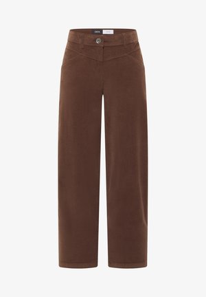 Pantalones marrones de talle alto con pierna ancha, cierre frontal con botones y cremallera, bolsillos laterales y detalles de costura alrededor de la cintura.