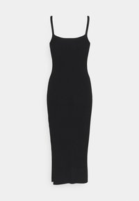 Robe midi noire en tricot avec bretelles spaghetti, un décolleté carré et une silhouette ajustée. Dotée d'une fente latérale pour plus de détails.