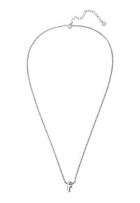 Sudraba ķēdes kaklarota ar nelielu, spīguļojošu burta "F" piekariņu un regulējamu aizdari uz baltas fona.