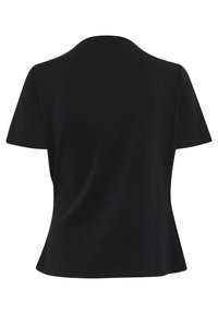 Sort kortærmet t-shirt med rund halsudskæring og let udskåret kant. Lavet af glat stof uden synlige mønstre eller markeringer.