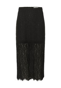 Schwarzer Spitzen-Midijrock mit einer taillierten Taille und einem semi-transparenten unteren Abschnitt. Verfügt über ein florales Muster und einen gewellten Saum.