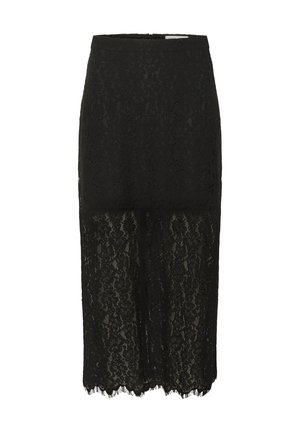 Black lace midi skirt with a fitted waist and semi-sheer lower section. Features a floral pattern and scalloped hemline.