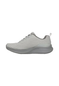 Hellegrauer, gestrickter Sportschuh mit dicker Sohle, Schnürung vorne und Zuglasche an der Ferse, geeignet für Freizeit- oder Sportgebrauch.