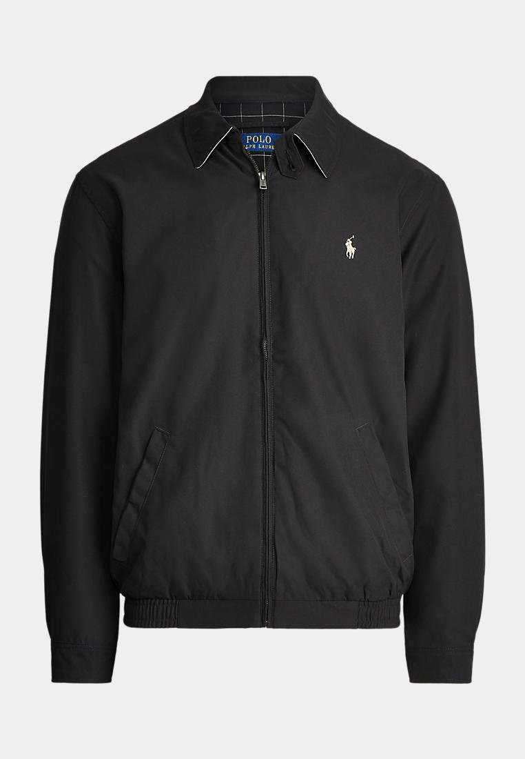 Veste noire zippée avec col, poches latérales, taille élastique et petit logo Polo Ralph Lauren blanc brodé sur la poitrine.