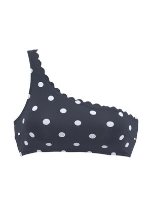 Czarny bikini top na jedno ramię w białe grochy z falbankowymi krawędziami na linii dekoltu i pasku.