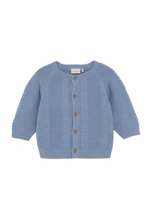 Lyseblå strikket babycardigan med rund hals, brune knapper foran og teksturerede lodrette kabelmønstre.