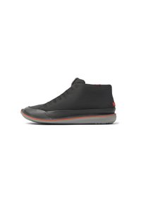 Black high-top sneaker with a smooth, matte finish, red accent line, and textured upper featuring spaced eyelets for laces.