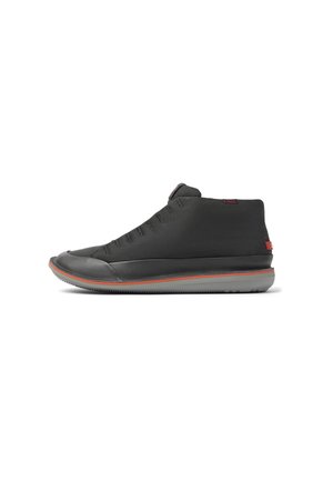 Black high-top sneaker with a smooth, matte finish, red accent line, and textured upper featuring spaced eyelets for laces.