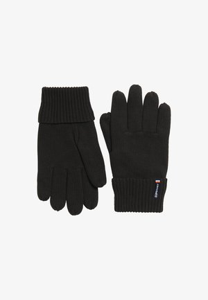 Zwarte gebreide handschoenen met een ribbelmanchet, voorzien van een ontwerp met vijf vingers en een klein merklogo-label aan de onderkant.