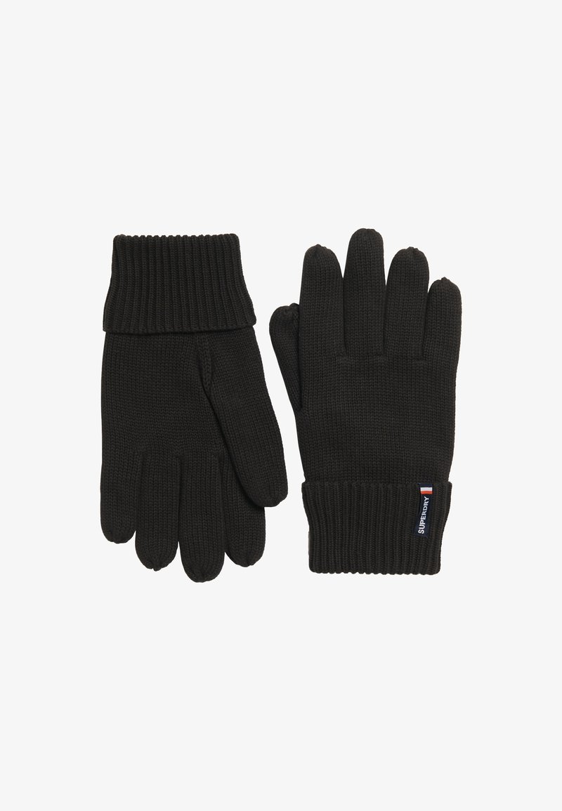 Zwarte gebreide handschoenen met een ribbelmanchet, voorzien van een ontwerp met vijf vingers en een klein merklogo-label aan de onderkant.