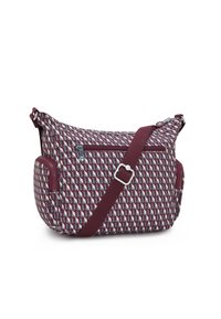 Umhängetasche mit geometrischem Muster in Burgundy und Grau, aus Nylon, verstellbarer Schultergurt, Frontreißverschlussfach und Seitenfach.