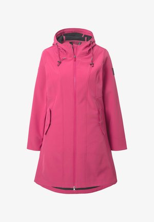 Roze hooded jack met een ritssluiting aan de voorkant, twee zijzakken en verstelbare trekkoorden bij de capuchon. Gladde stof met stiknaaddetails.