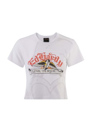 Bílý krátký tričko vyrobené z bavlny, s barevným grafickým motivem "Žij pro jízdu" se křídly a designem scrollu, krátkými rukávy a kulatým výstřihem.