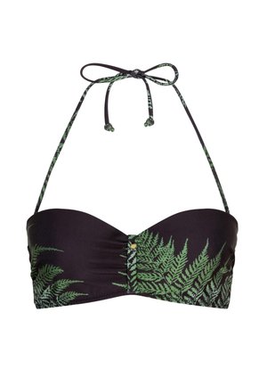 Black bandeau bikini top with green fern leaf print and adjustable thin halter straps tied in a bow at the neck.