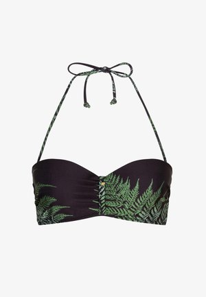 Musta bandeau-bikinitoppi, jossa on vihreä saniaislehtikuvio ja säädettävät ohuet halter-nauhat, jotka on sidottu rusetiksi kaulalle.