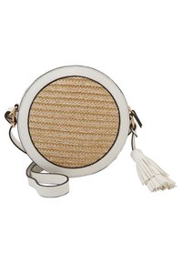 Kulatá taška s pleteným středem z proutí, bílými koženými okraji a zdobením v podobě třásně. Obsahuje popruh přes rameno a hladký povrch.